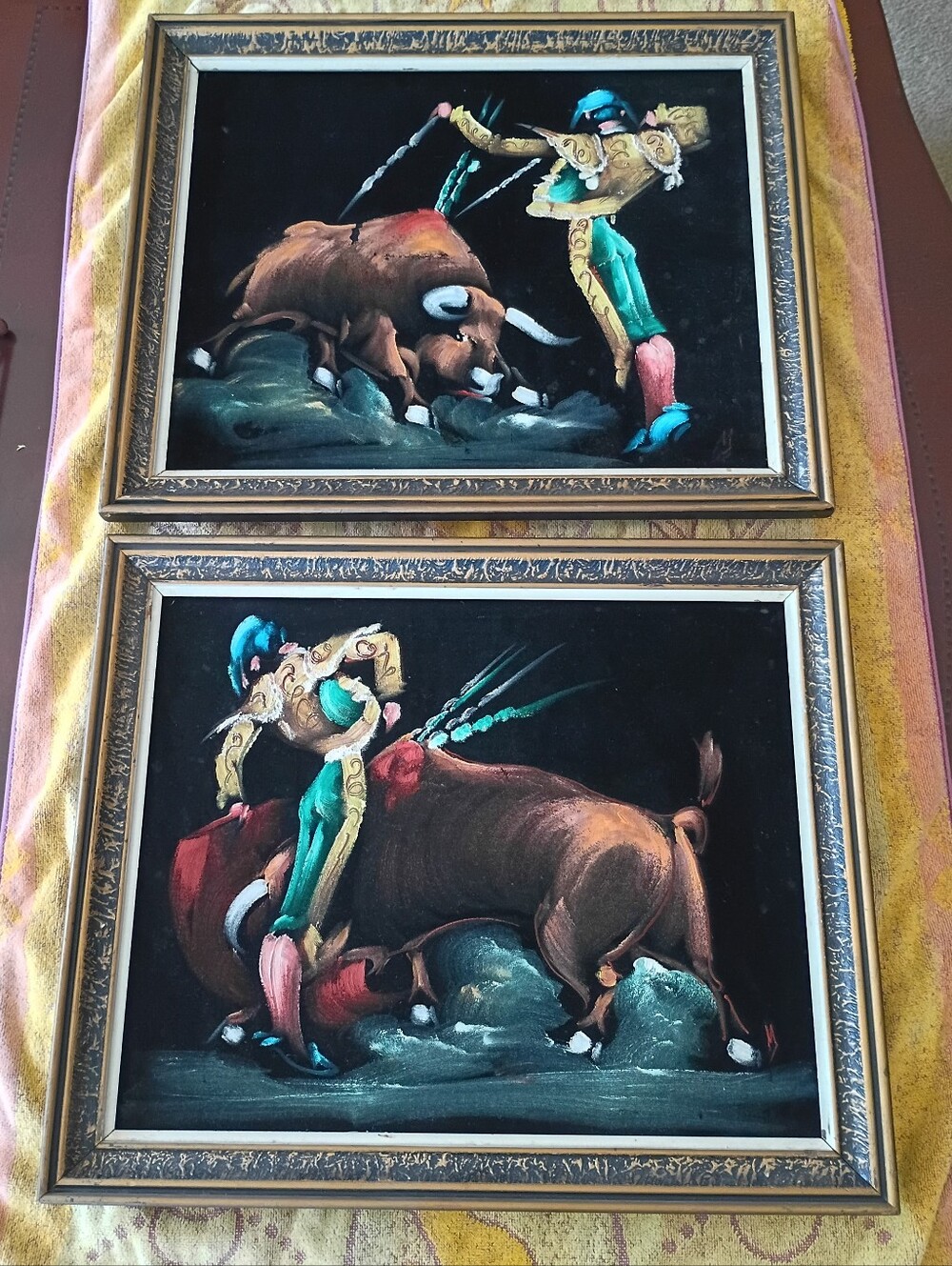 Black Velvet Painting in Gold Frame MCM Pair Of Matadors